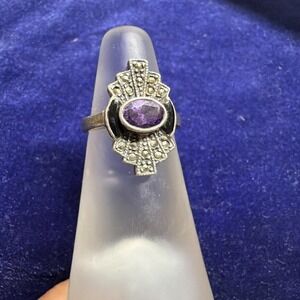 Amethyst Onyx Marcasite Art Deco Sterling Silver 925 Vintage Ring  Size 7.5